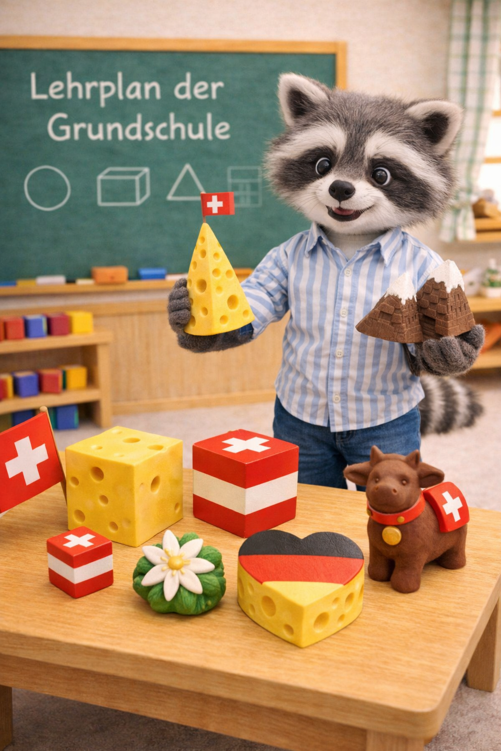 Waschbär mit geometrischen Formen und Schweizer Flagge