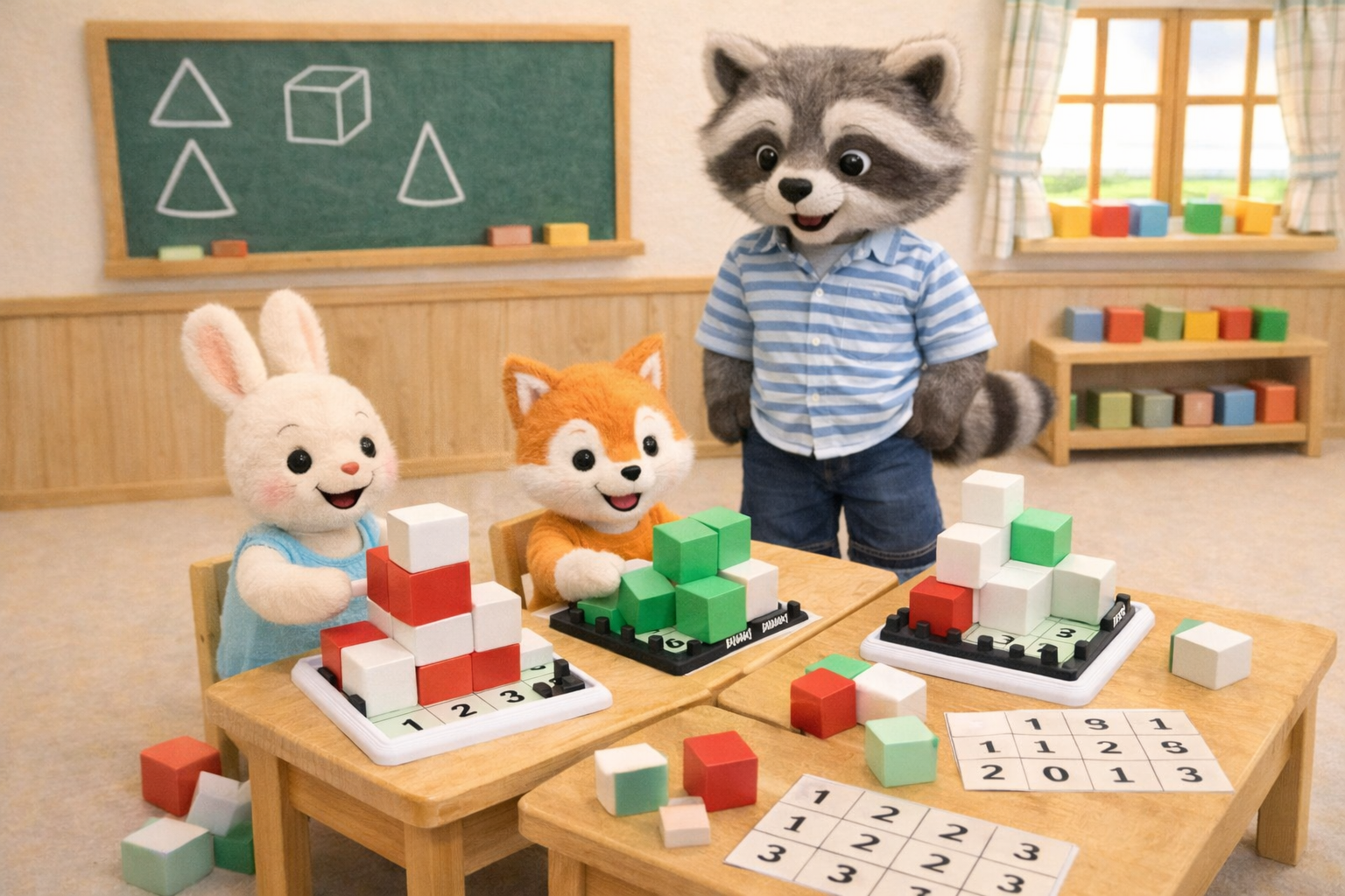 Waschbär und Tierfreunde bauen Würfelgebäude